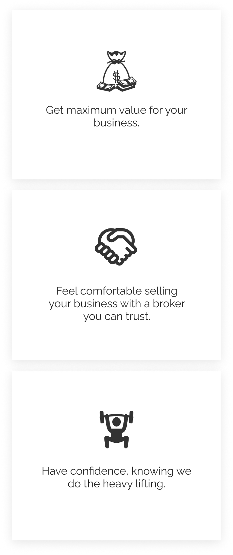 A screenshot of a website with three icons , one of which is a handshake.