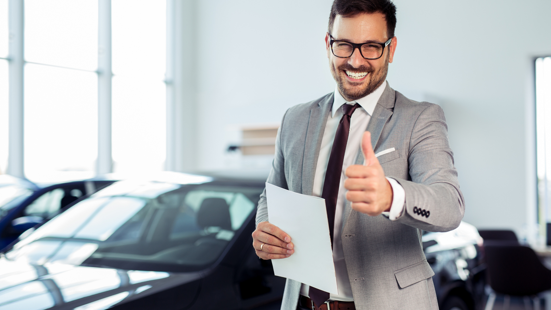 Car salesman in a suit smiles, gives a thumbs up, and holds papers in a car dealership.