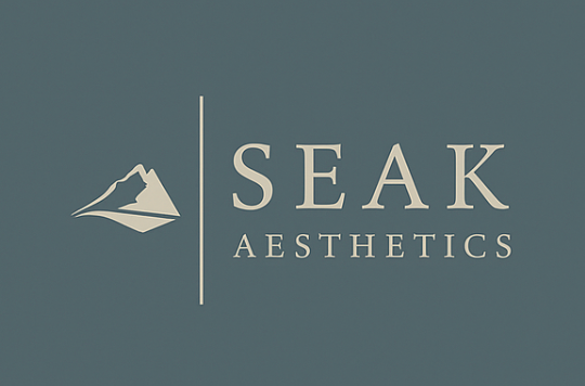 A logo for seak healthcare with a mountain in the background