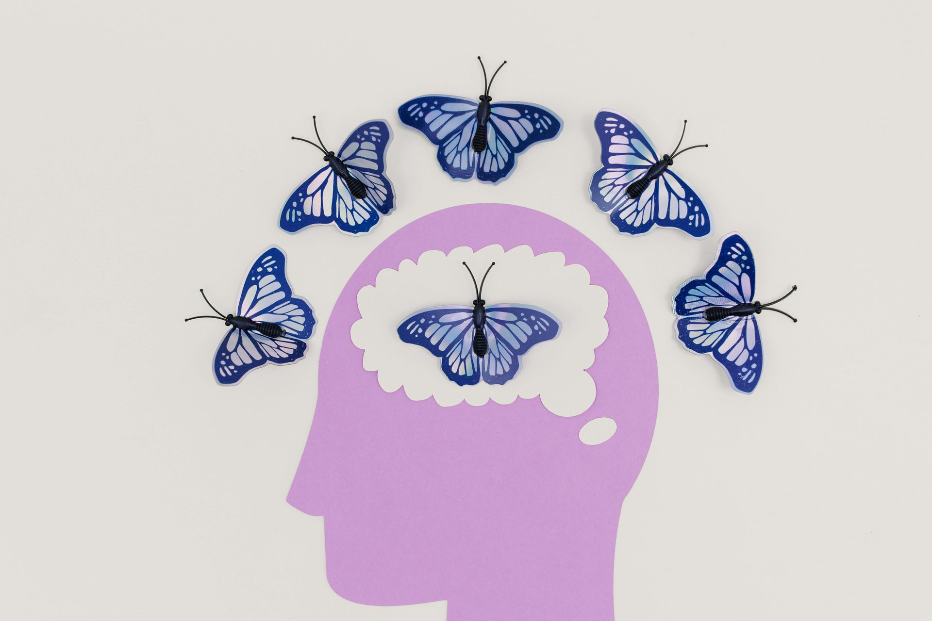 A silhouette of a person 's head with butterflies flying around it.