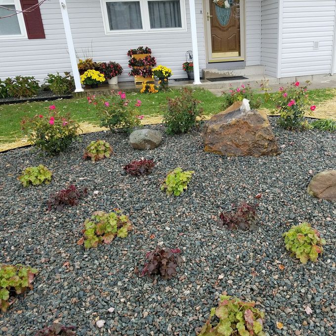 A gravel garden with flowers and rocks in front of a house.