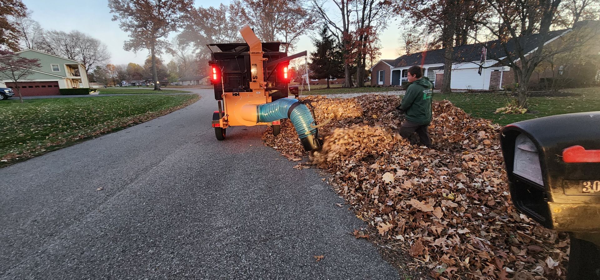 A person is raking leaves on the side of the road next to a mailbox.