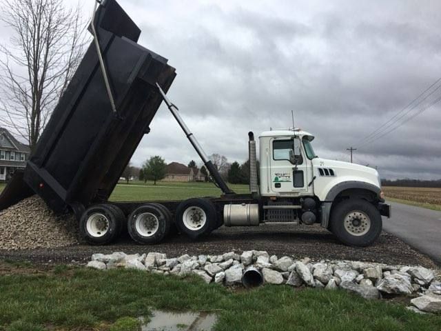 A dump truck is sitting on the side of the road.