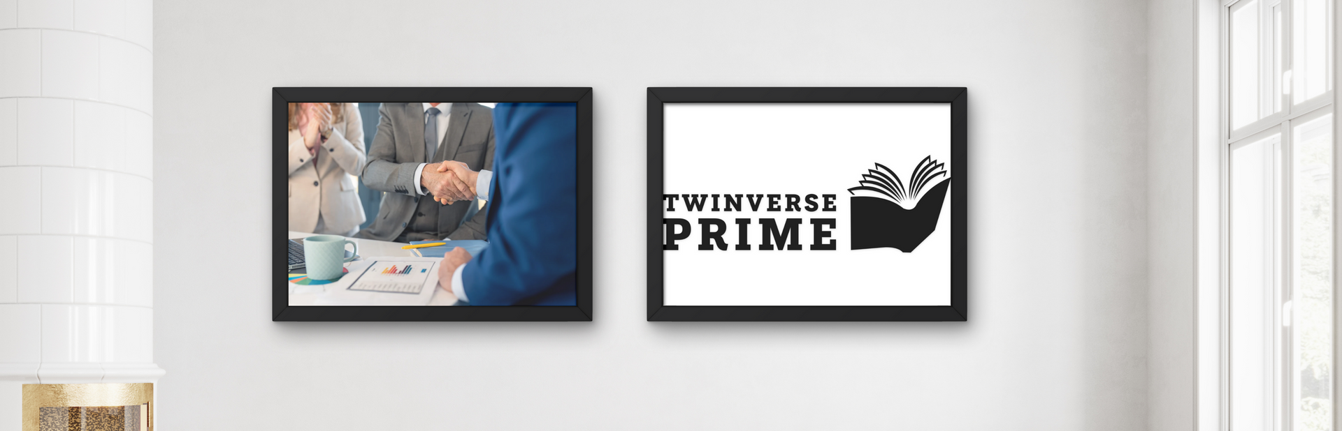Two framed displays on a wall, one shows a business deal, the other a logo for Twinterse Prime.