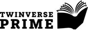 A white logo with a book and the words `` twinverse prime ''.