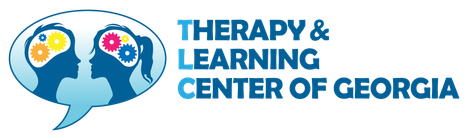 Logo for Therapy & Learning Center of Georgia: Silhouettes of two heads with gears in brains, speech bubble.