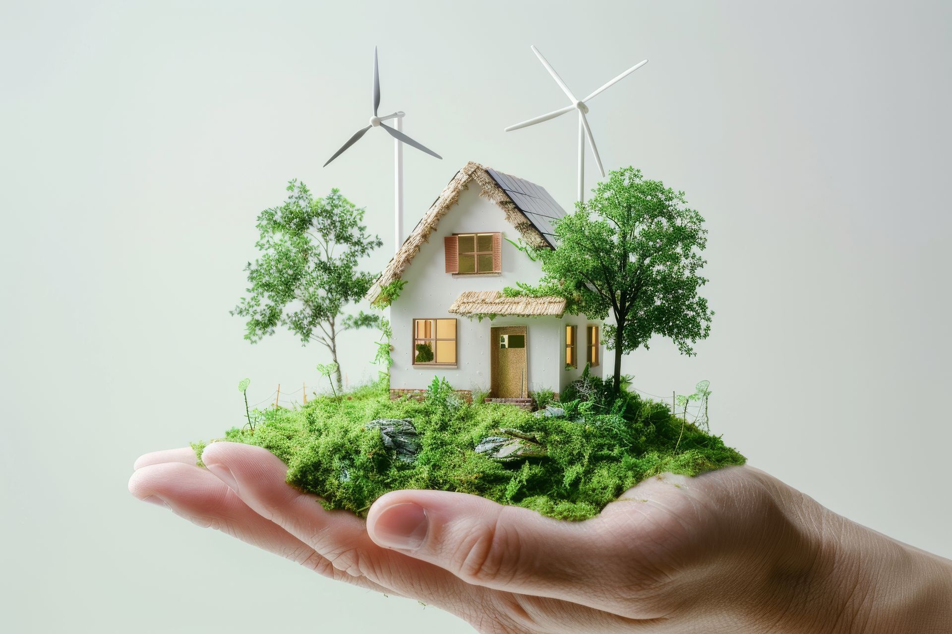 Hand holding a miniature house with trees, moss, and wind turbines, symbolizing eco-friendliness.