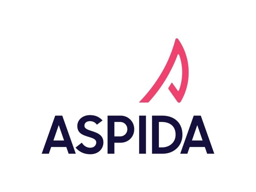 The logo for aspida is a pink and black logo with a red arrow.