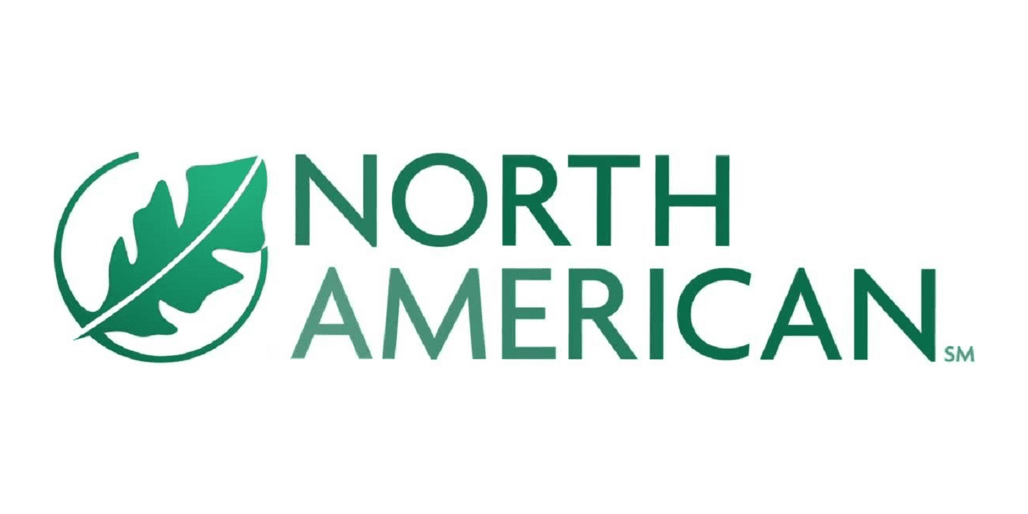 The north american logo has a green leaf on it.
