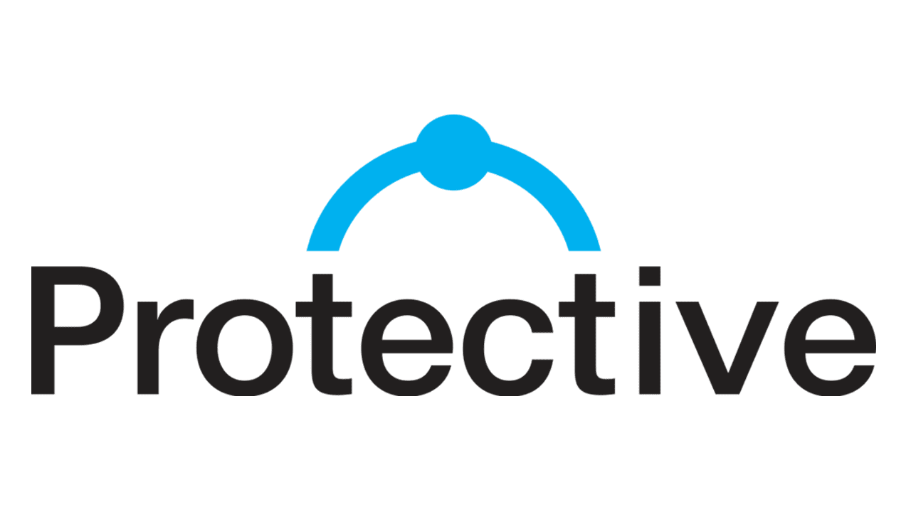 The protective logo is a blue and black logo with a blue circle in the middle.
