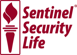 A red and white logo for sentinel security life