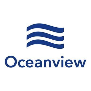 A blue and white logo for oceanview with waves on it.