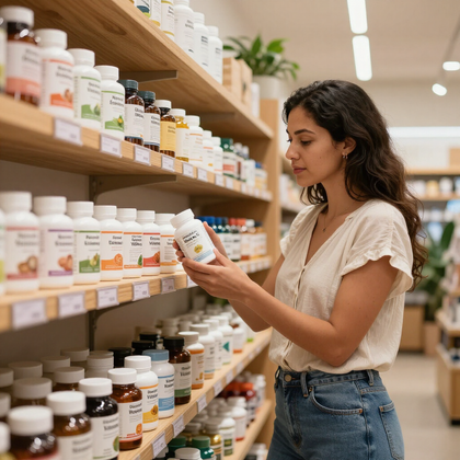 Una mujer examina un frasco de suplementos en un pasillo de una tienda repleto de productos para la salud.