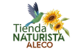 Logo de Tienda Naturista ALECO con colibrí y girasoles sobre fondo blanco