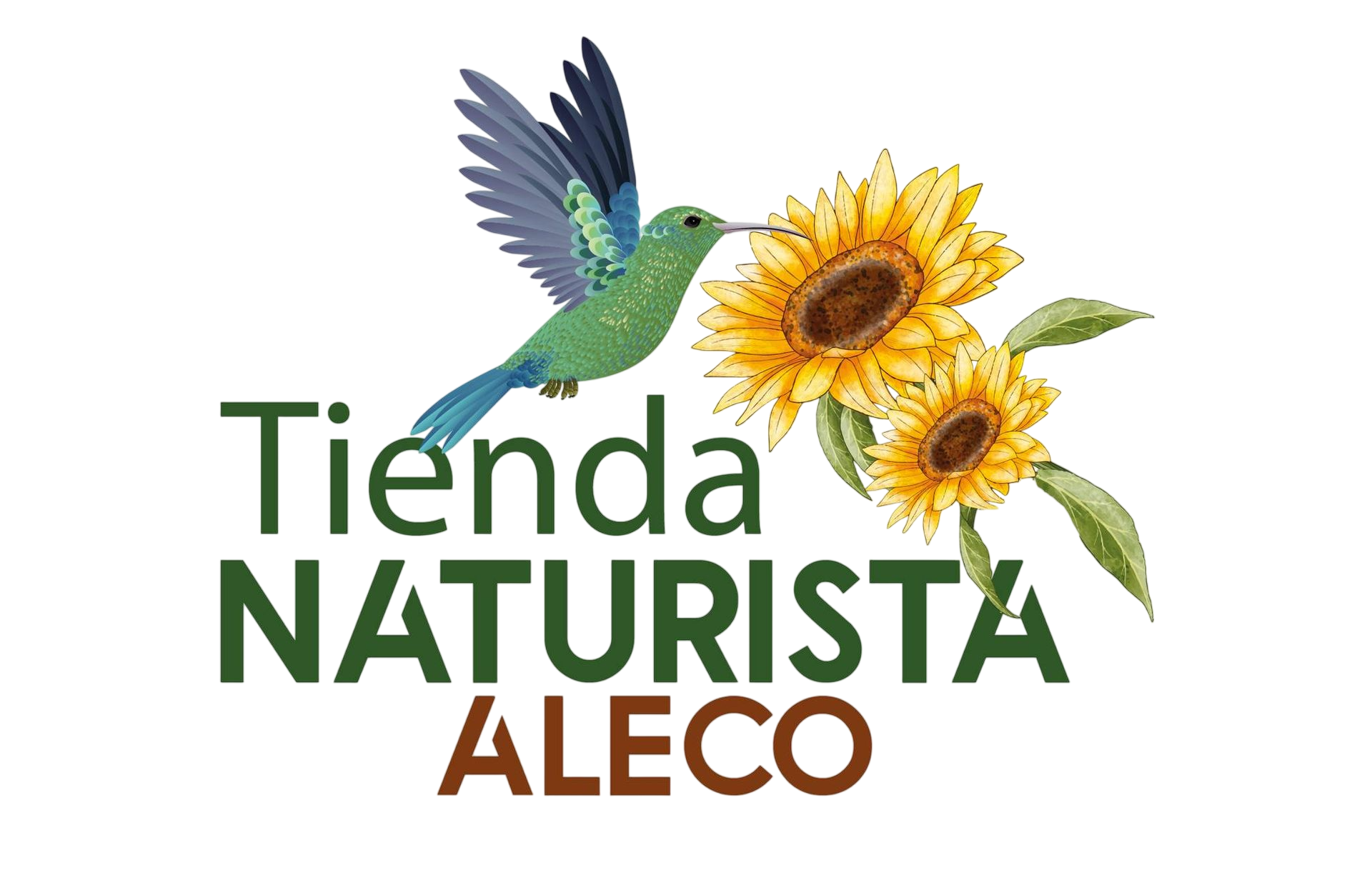 Logo de Tienda Naturista ALECO con colibrí y girasoles sobre fondo blanco