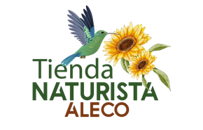 Logo de Tienda Naturista ALECO con colibrí y girasoles sobre fondo blanco