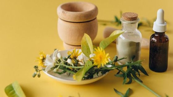 Flores amarillas con hierbas, un mortero de madera y frascos de vidrio con aceite sobre un fondo amarillo.