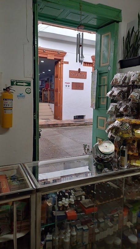 Entrada a la tienda con puertas verdes abiertas, un mostrador de cristal y un pasillo exterior mojado.