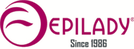 The Epilady logo features a burgundy circle containing a stylized eyebrow, and the word 