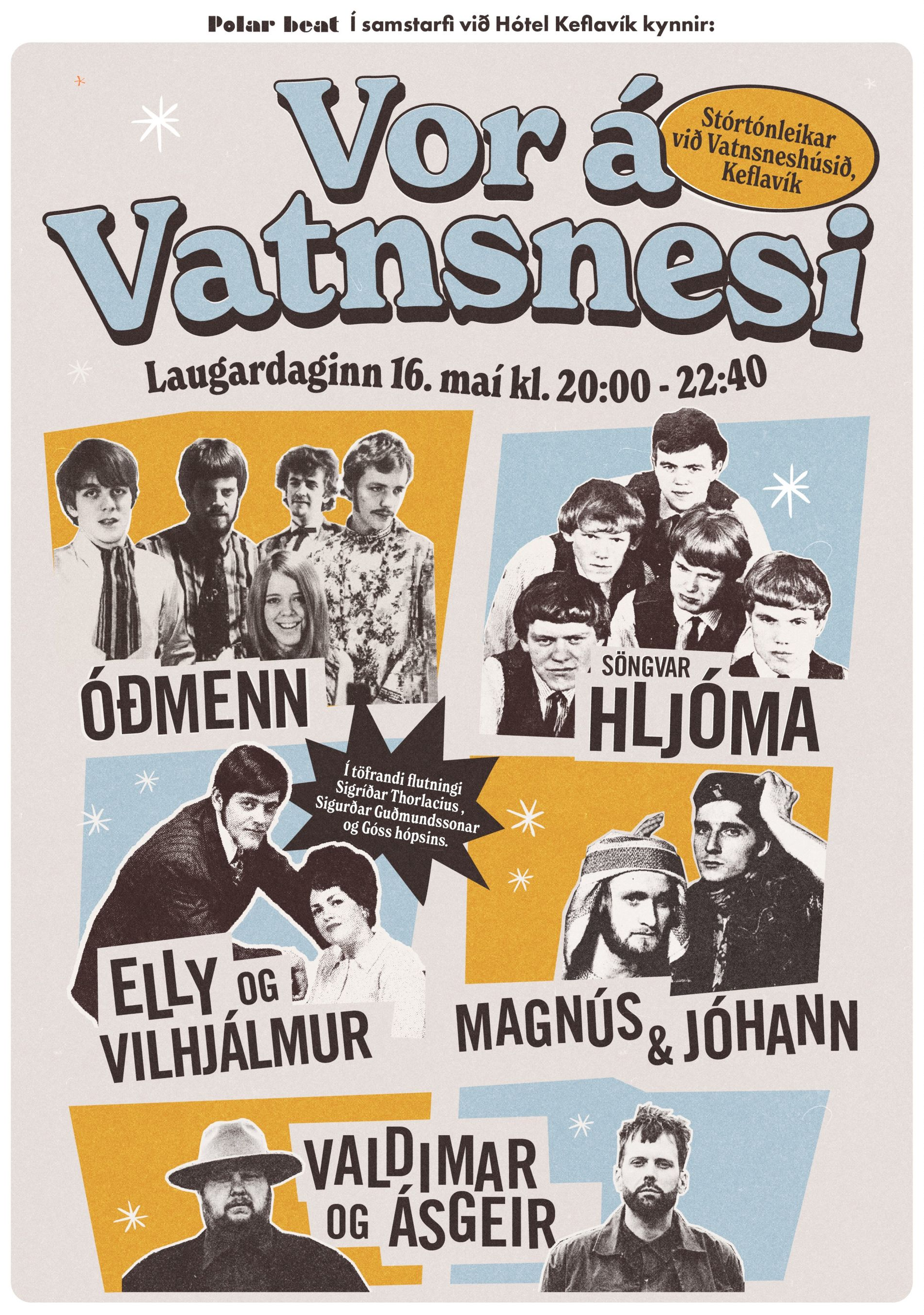 Retro tónleikaplakat fyrir „Vorið í Vátanesi“ með fimm ljósmyndum af hljómsveitinni og djörfum appelsínugulum, rjómalitum og svörtum grafík.