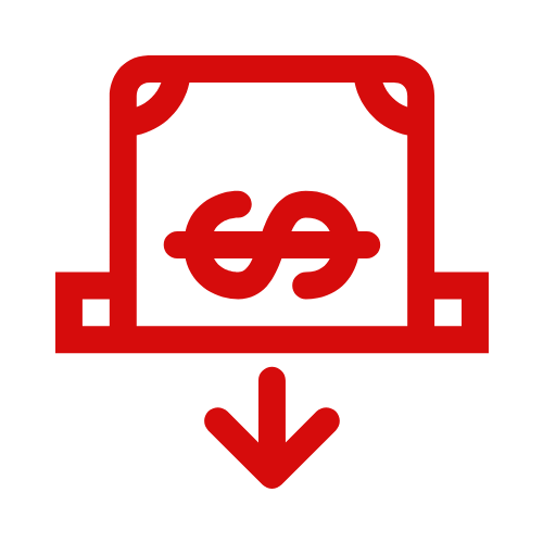 A red icon of a dollar sign with an arrow pointing down.