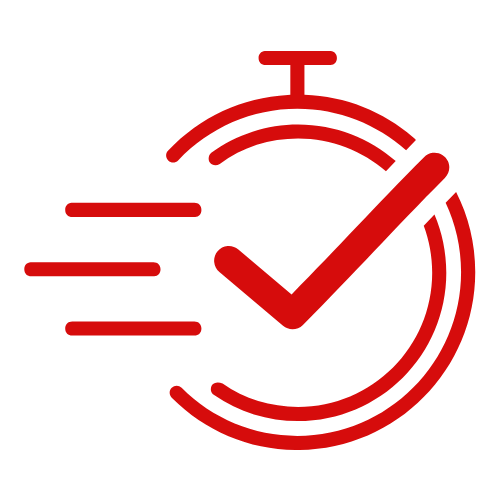 A red icon of a stopwatch with a check mark inside of it.