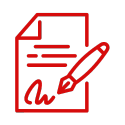 A red icon of a pen writing on a piece of paper.
