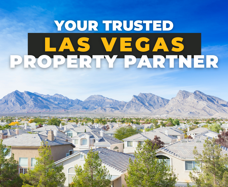 A picture of a residential area with mountains in the background and the words `` your trusted las vegas property partner ''