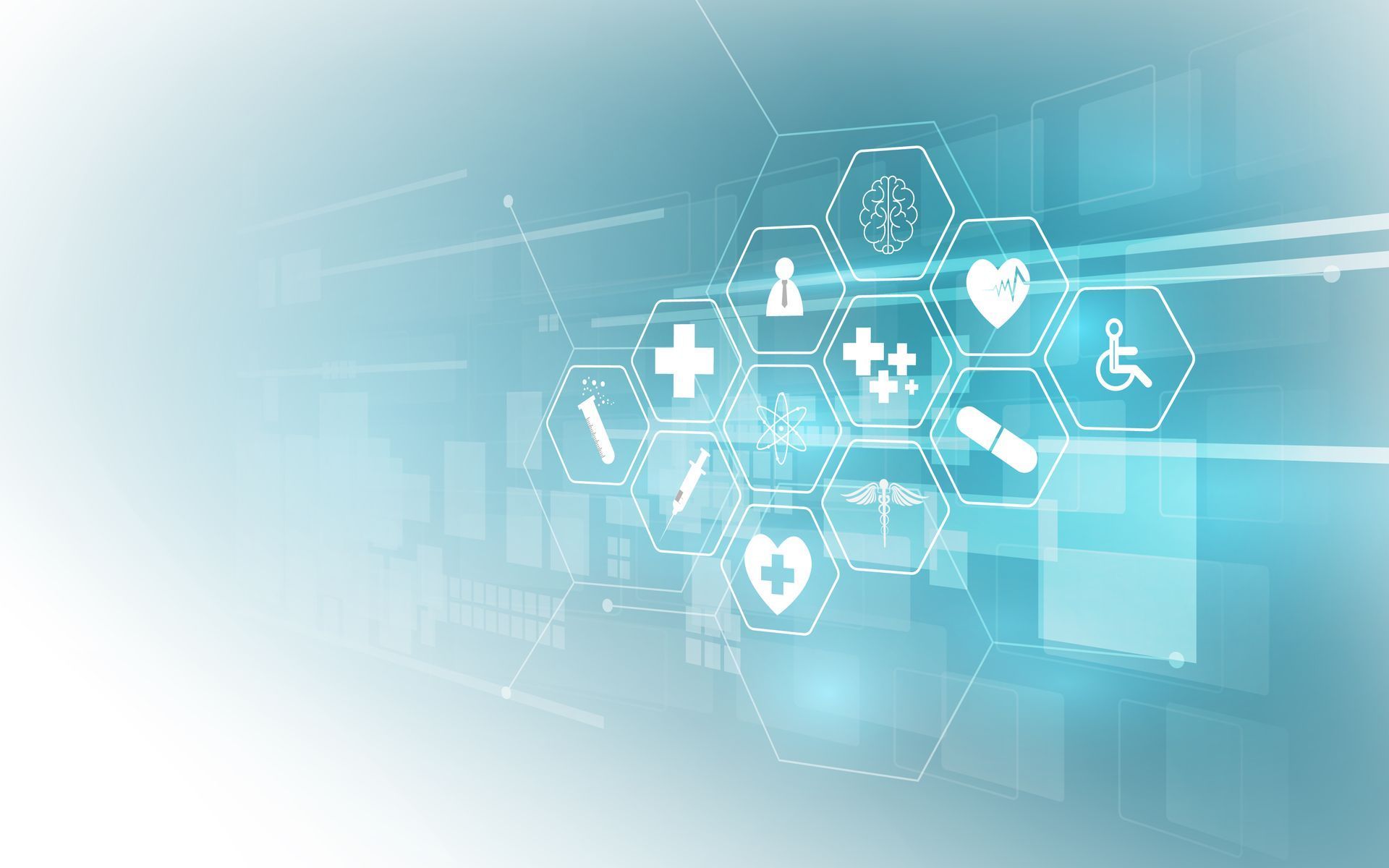 A blue background with a bunch of medical icons on it