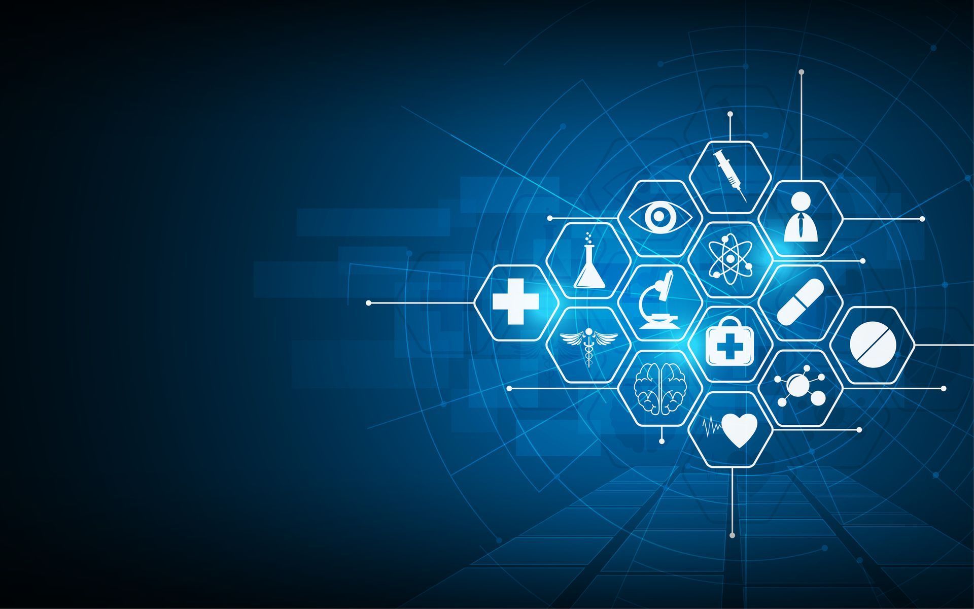 A blue background with a bunch of medical icons on it