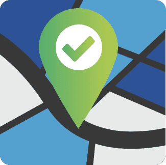 A map with a green pin with a check mark on it