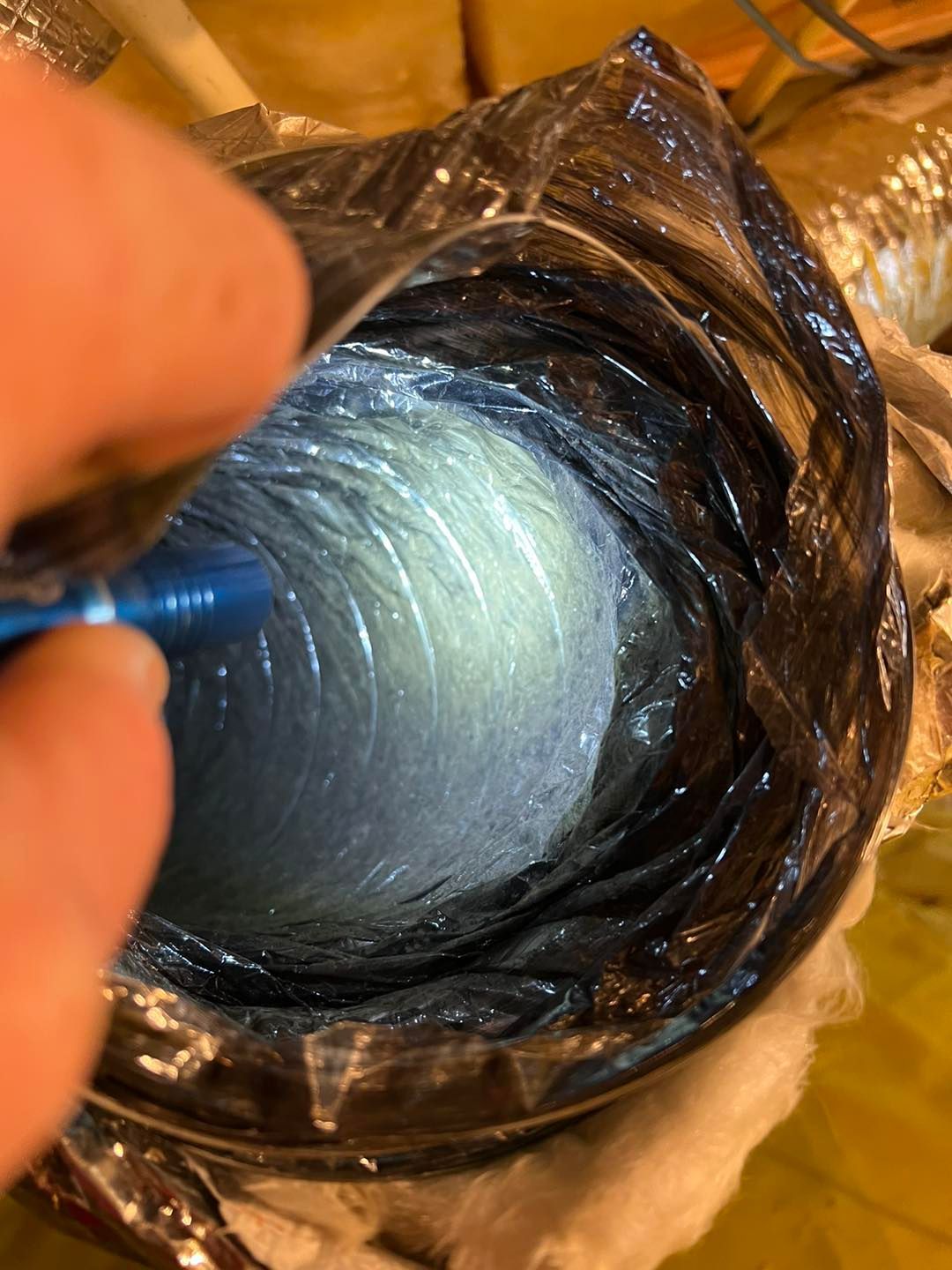 A person is holding a blue object in a plastic bag.