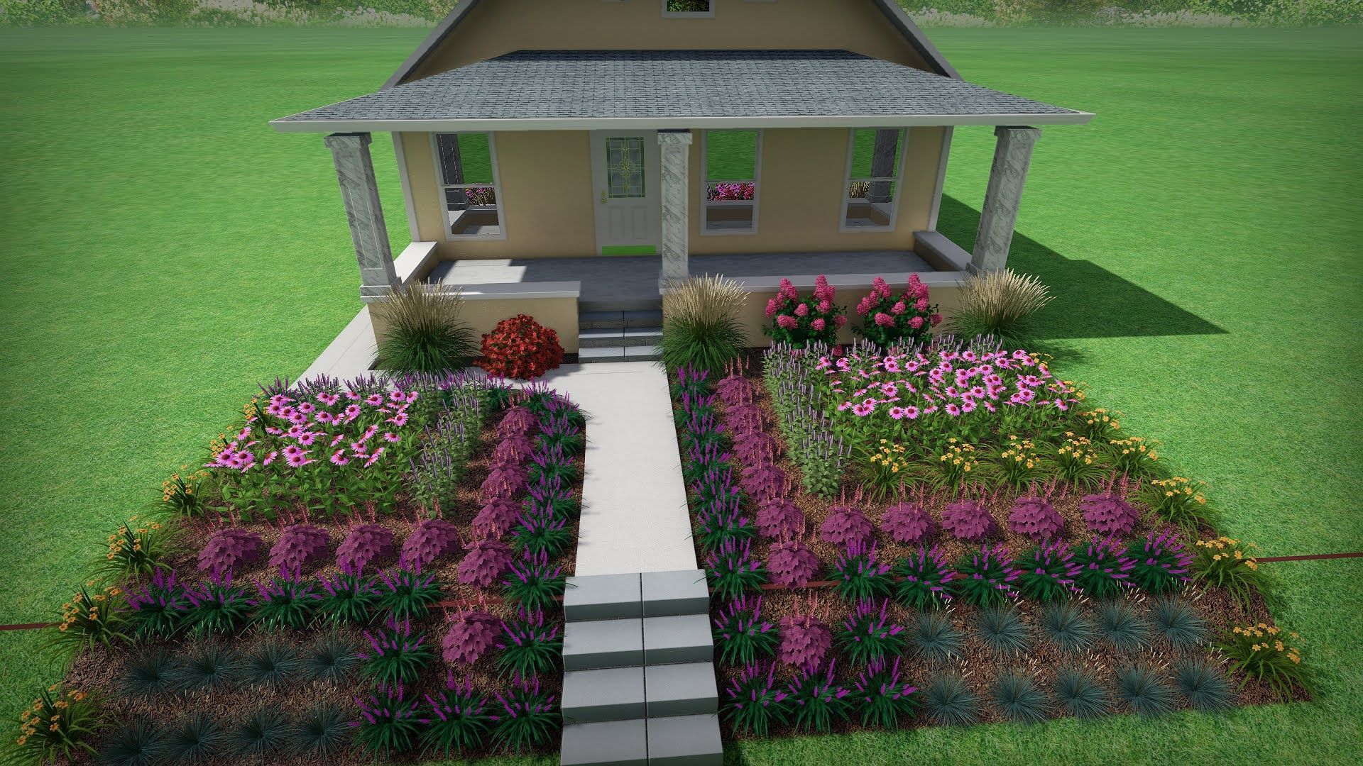 Front view of a house with a colorful flower garden and a stone path leading to the entrance.