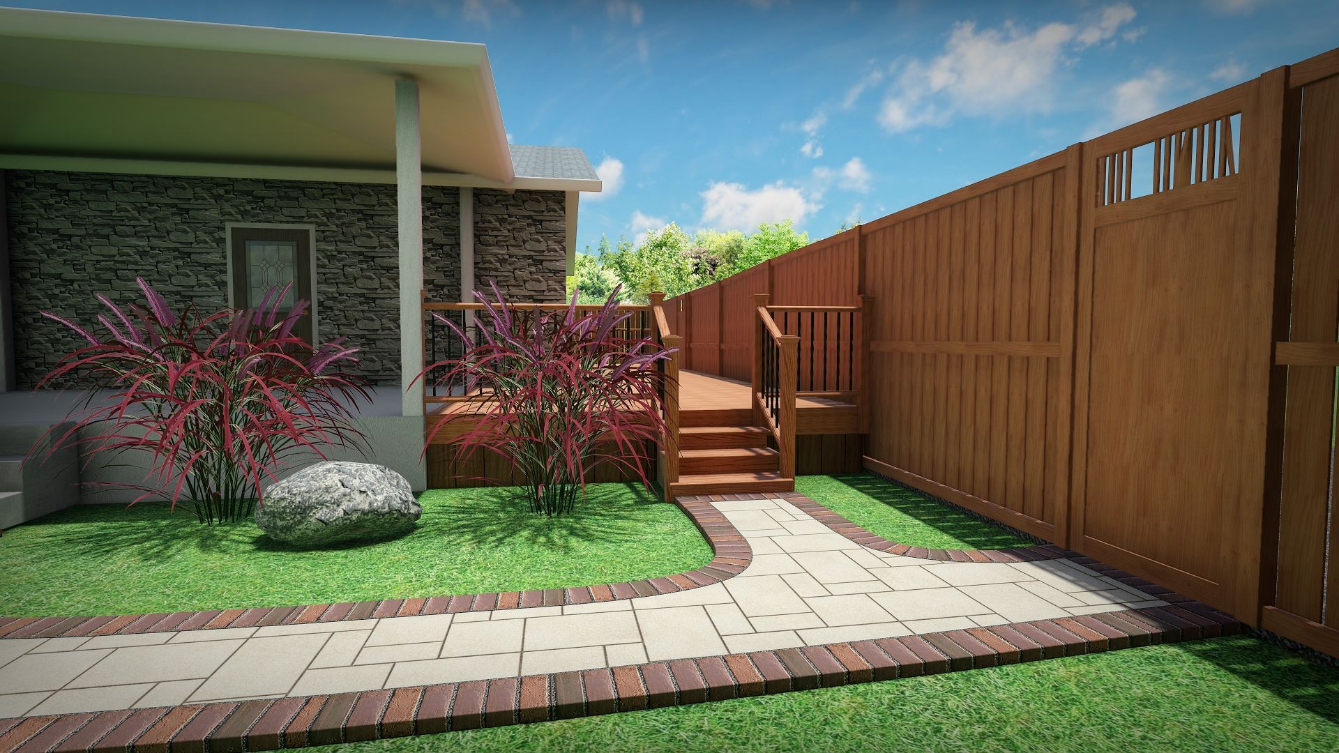 A backyard with a wooden deck, path, and fence; house on the left with red-leaf shrubs, green lawn, and blue sky.