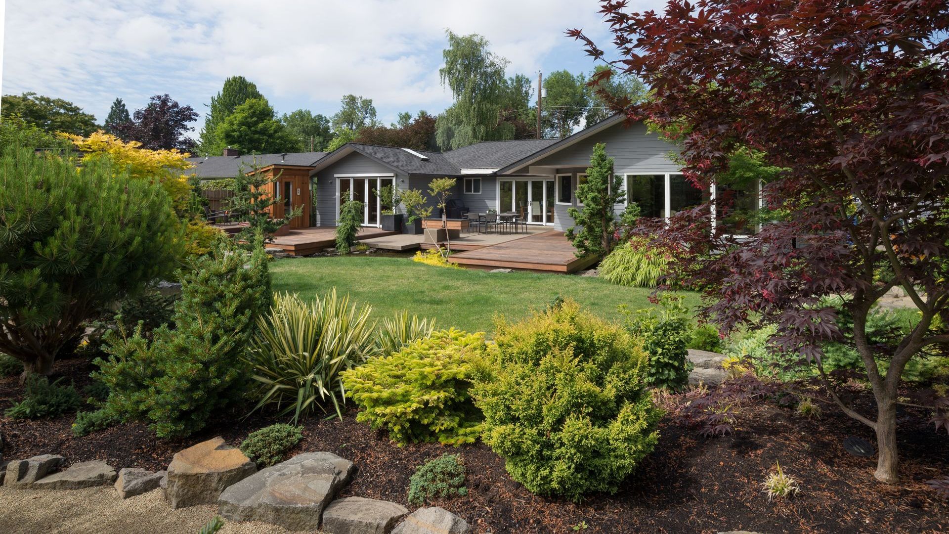 A house is surrounded by a lush green garden