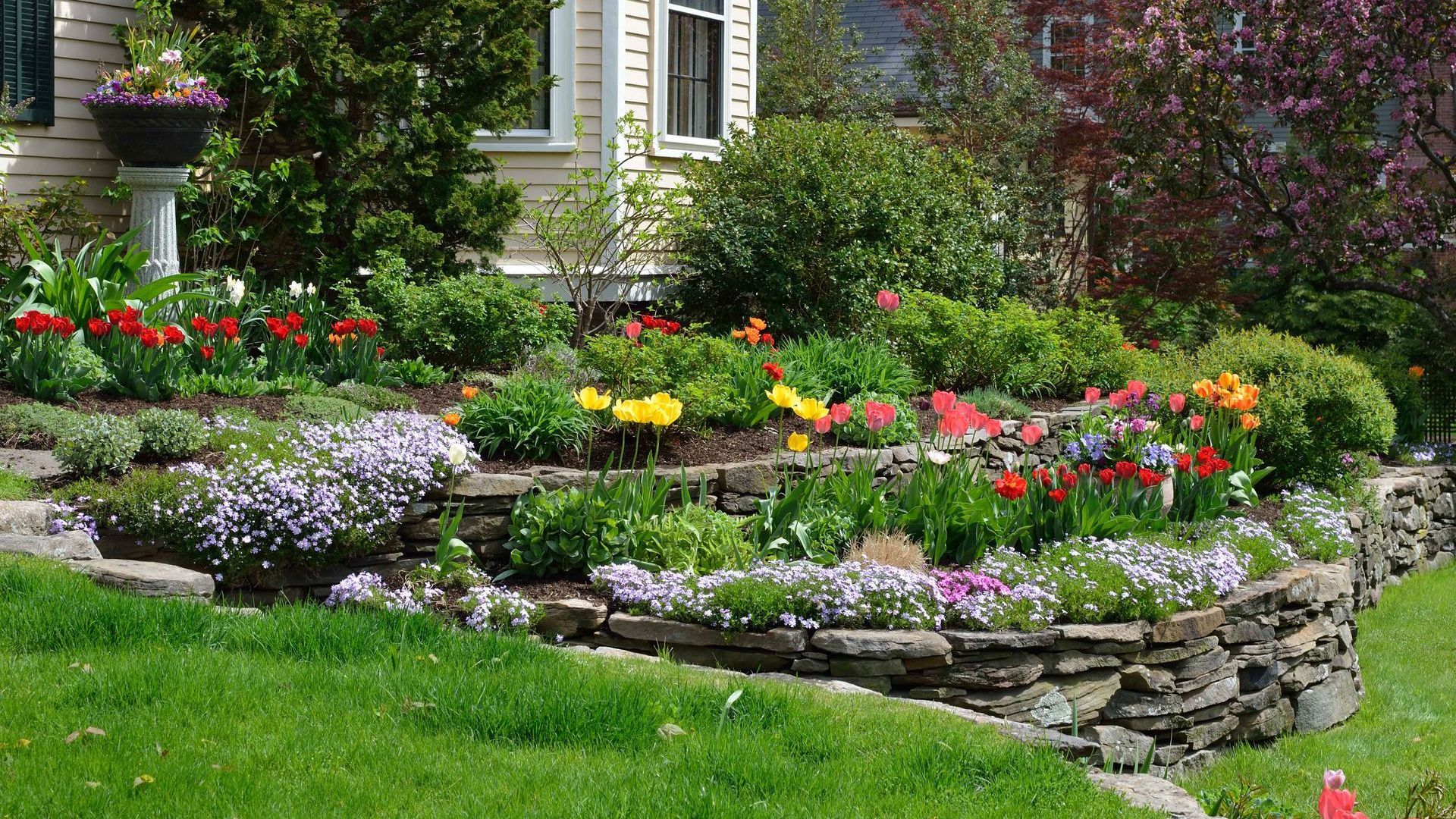 A garden with flowers and a stone wall in front of a house.