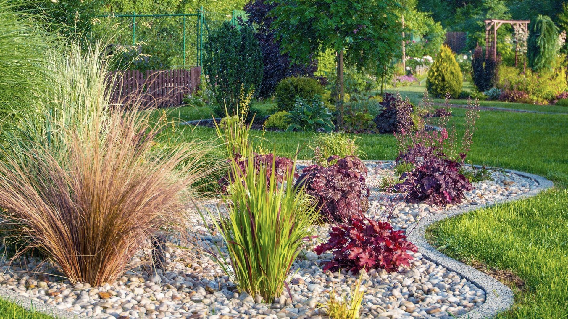 A lush green lawn surrounded by rocks and bushes.