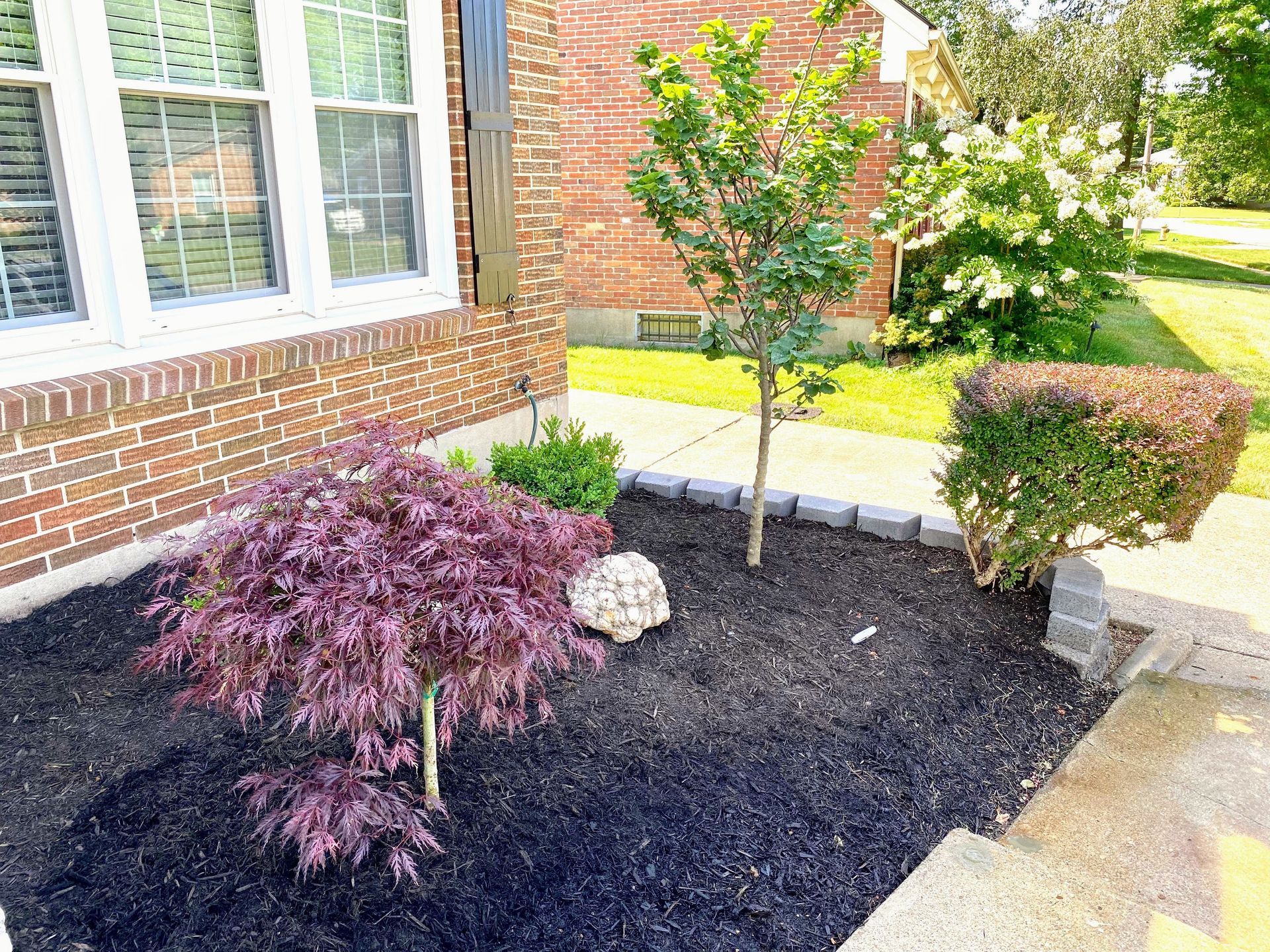 A person stands near a flowerbed with a stone path winding through a lush green lawn.