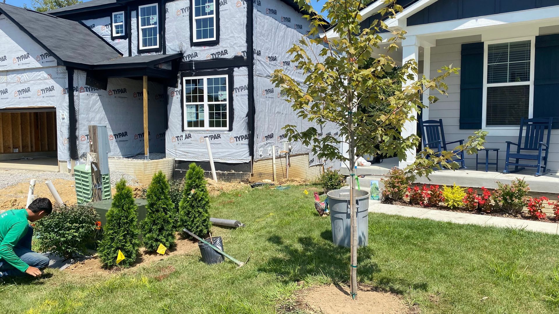 Landscaped yard with evergreen trees, shrubs, a small pond, and rocks.