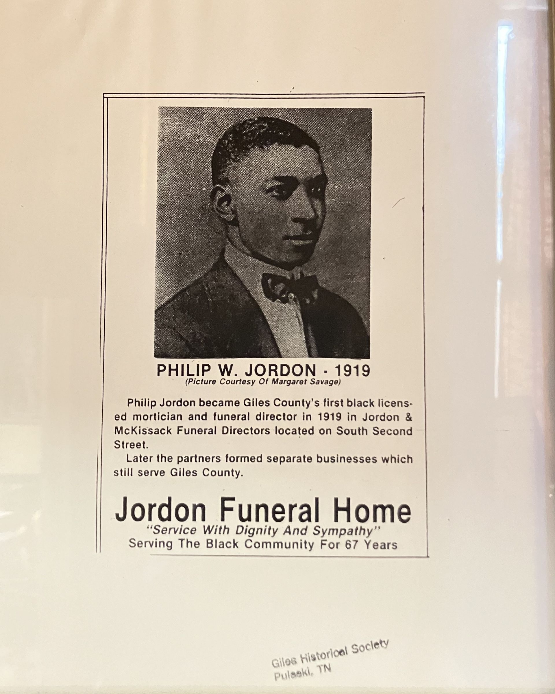 Black-and-white memorial poster for Philip M. Jordan, 1919, with portrait and Jordan Funeral Home text