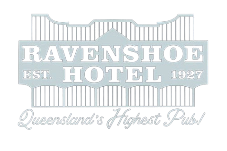 Logo for Ravenshoe Hotel, white text on light blue background. Reads 