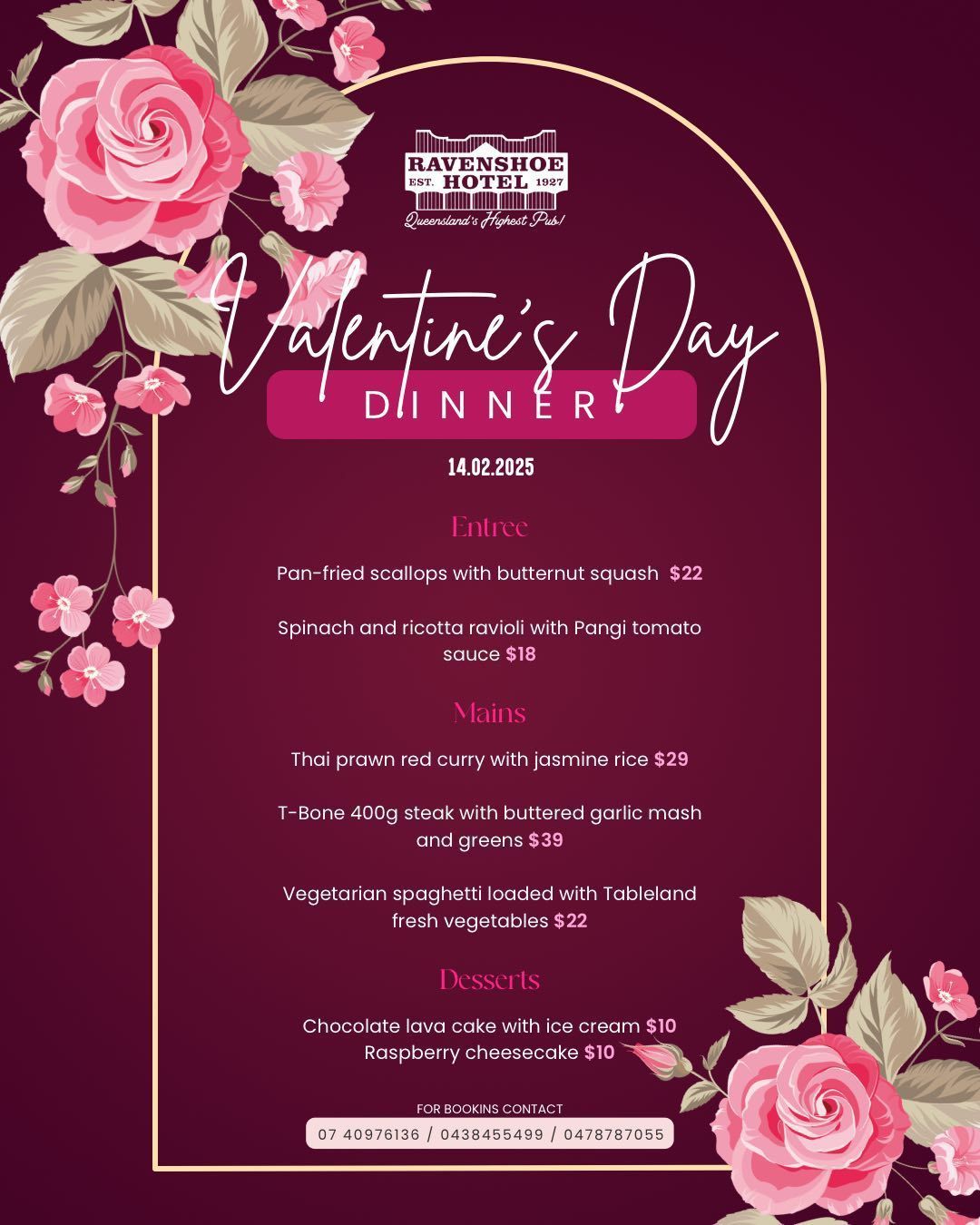 Valentine's Day dinner menu with roses, featuring appetizers, main courses, and desserts.