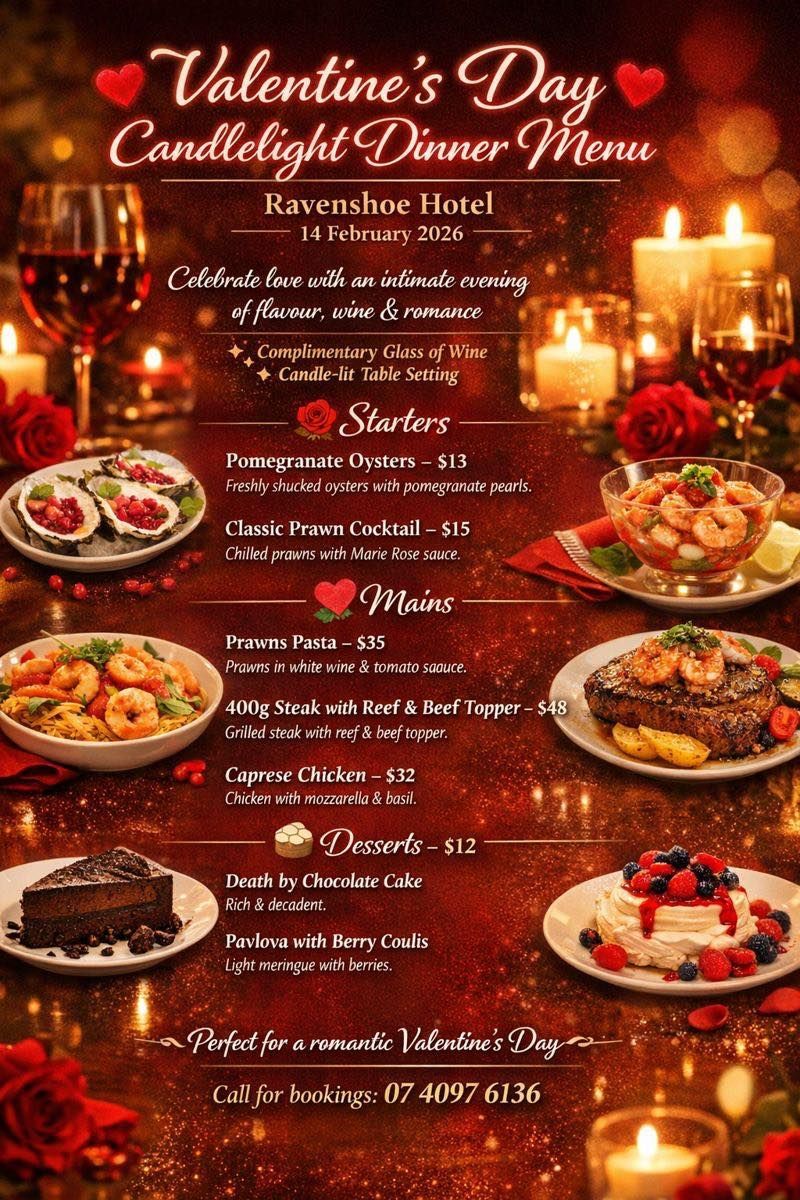 Valentine's Day dinner menu: candlelight setting with food, wine, roses, and burning candles.