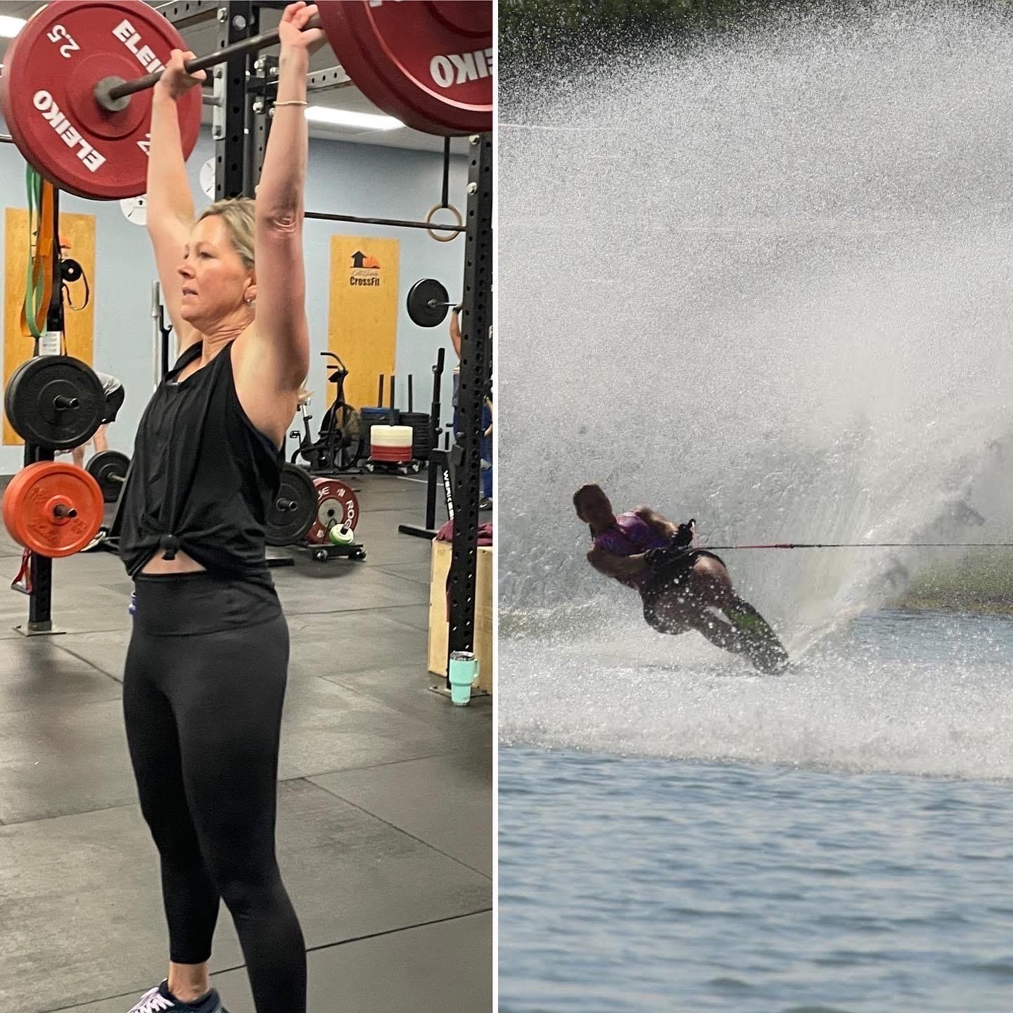 A woman lifting a barbell next to a person water skiing