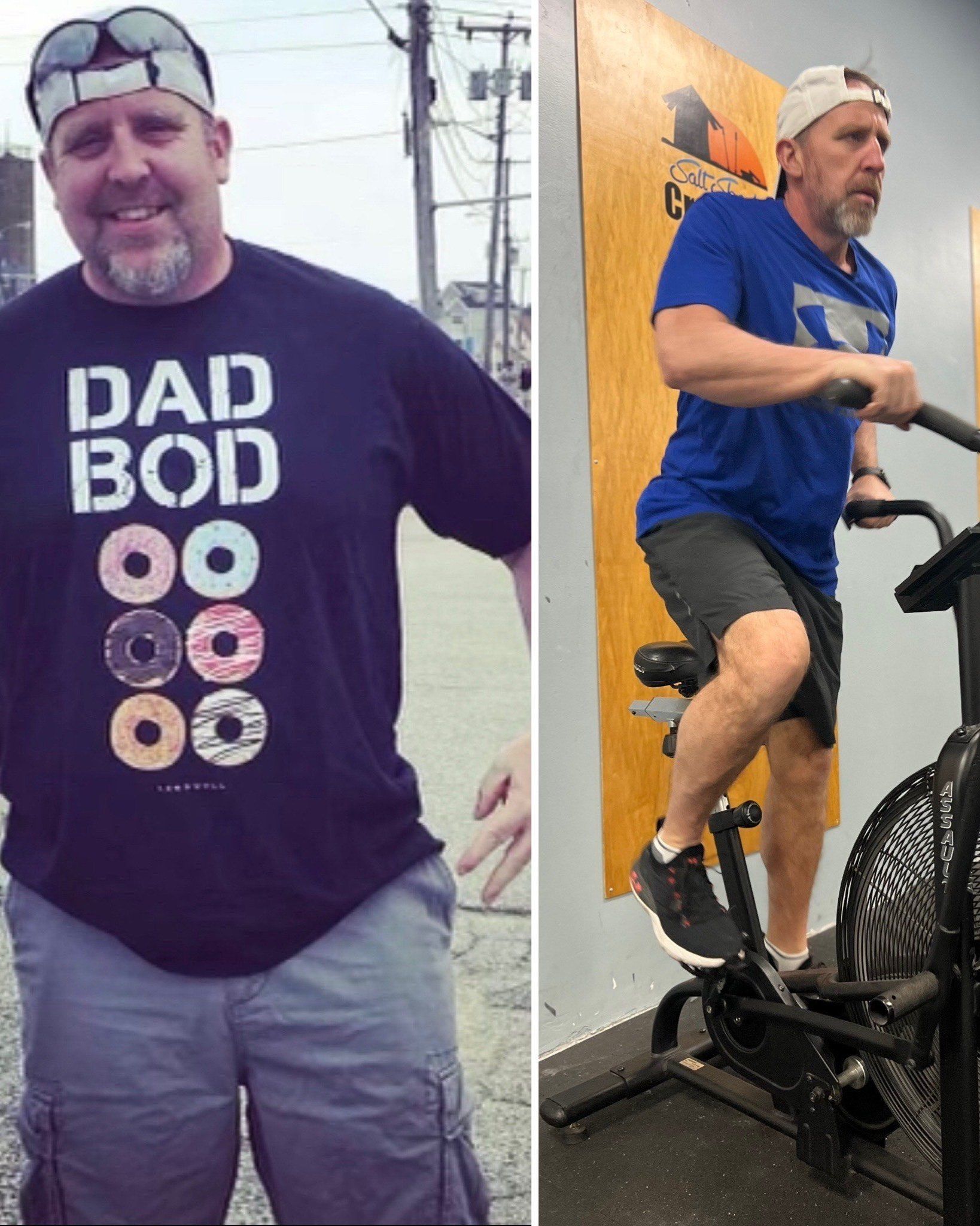 A man wearing a dad bod shirt is standing next to a man on an exercise bike