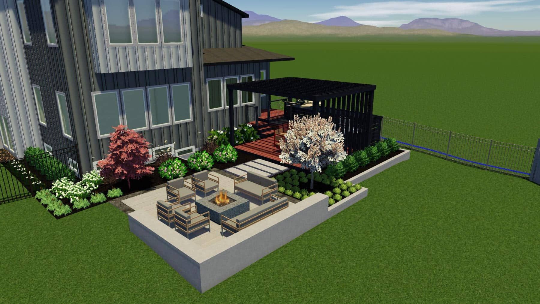 Exterior rendering of a modern home with a deck, patio furniture, and landscaping.