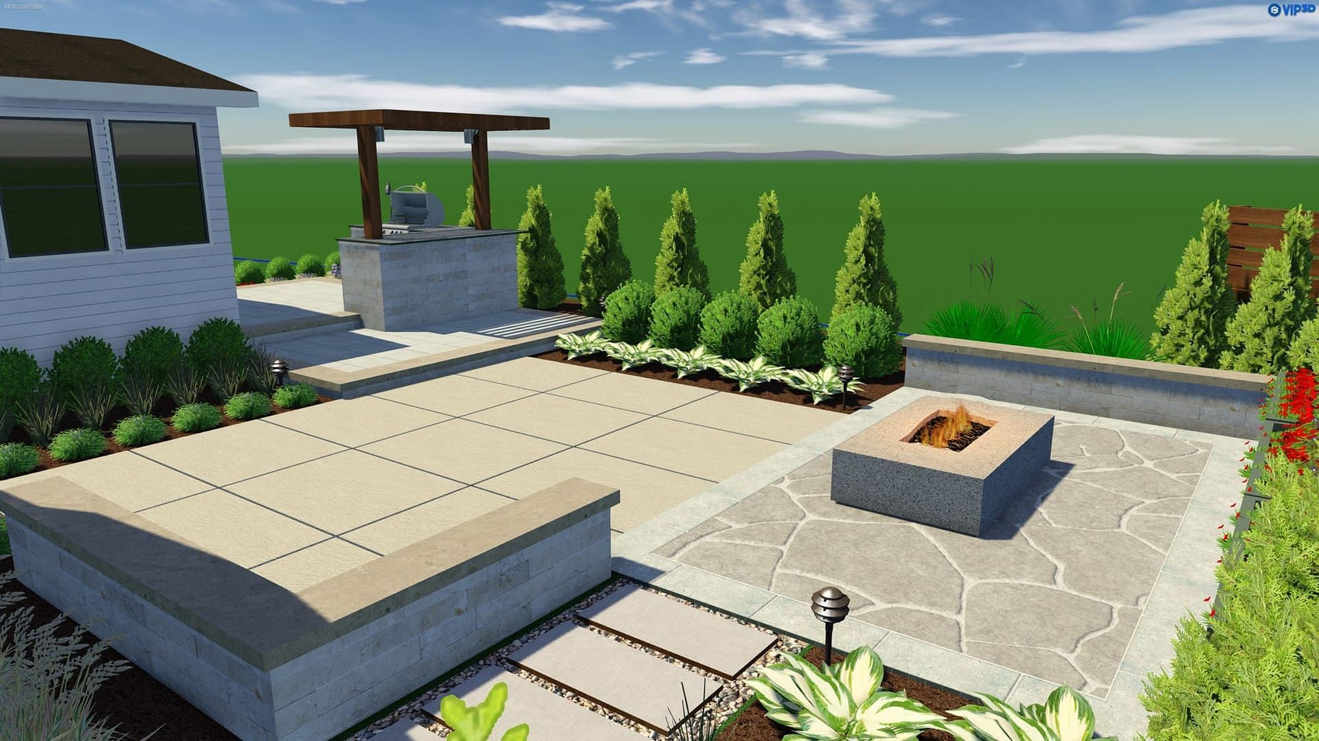 Backyard patio design with pavers, fire pit, and stone accents, next to house and green landscaping.