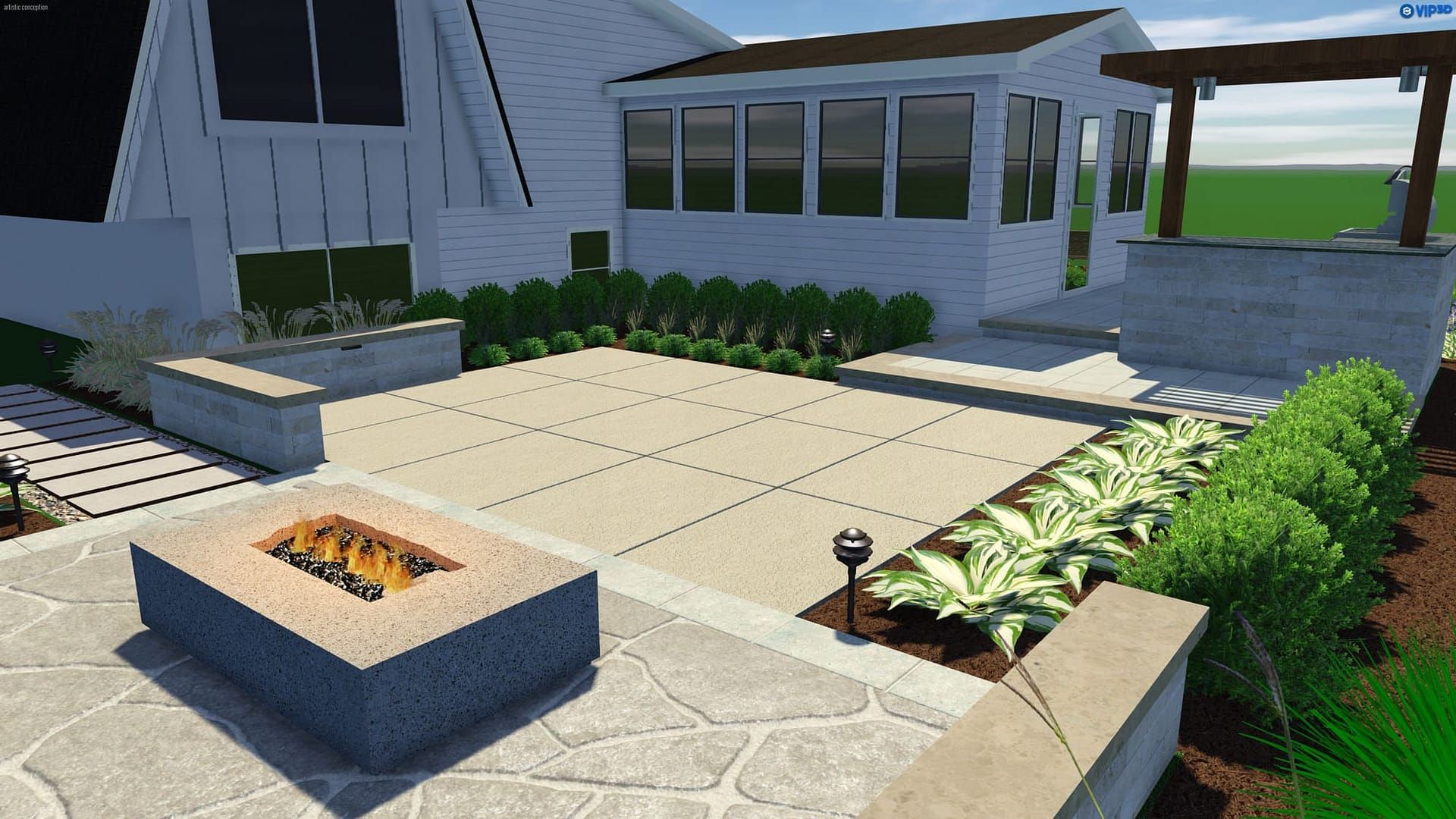 Backyard patio with fire pit, plants, and a sunroom.