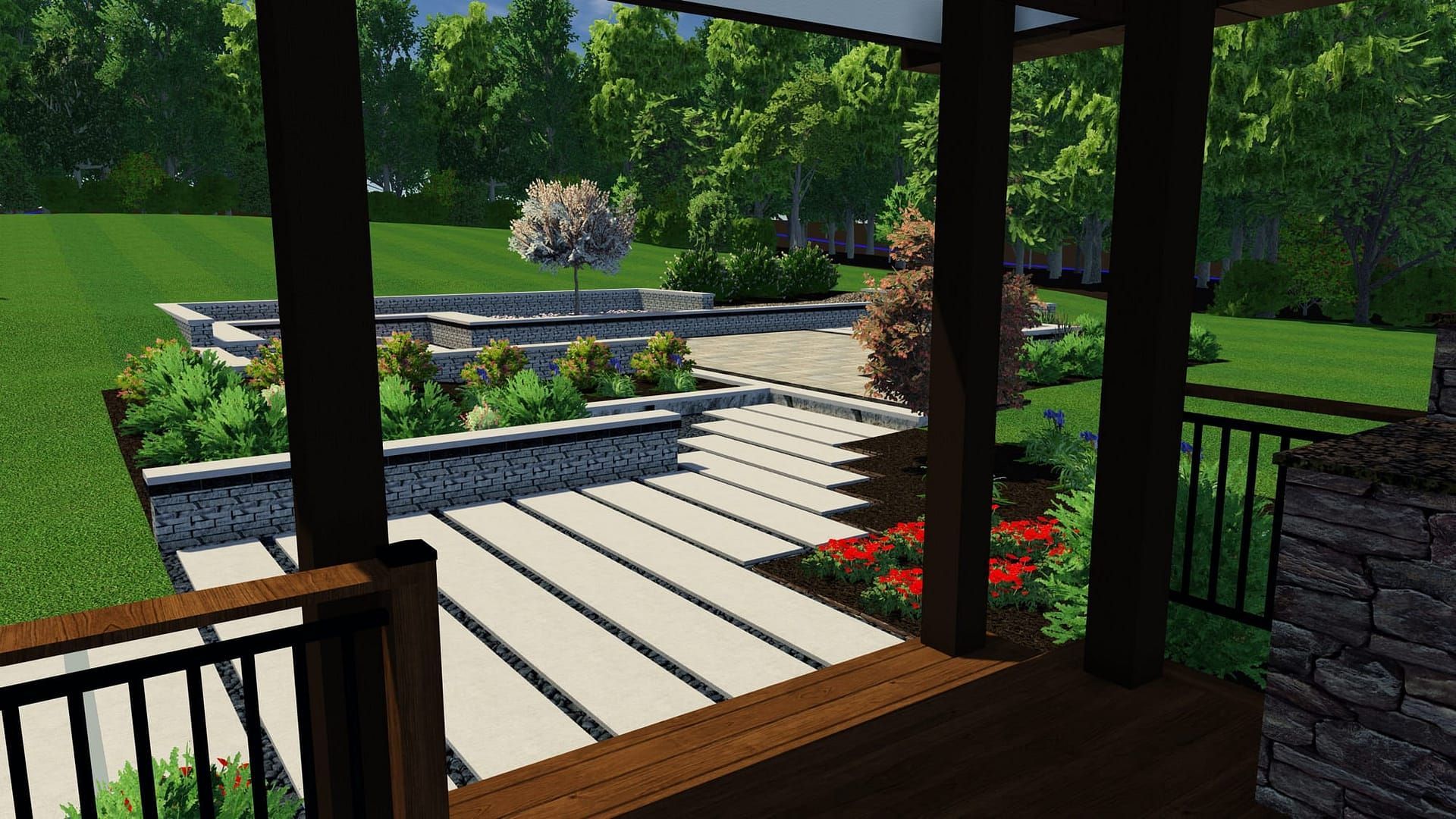 View from a wooden porch overlooking a garden with tiered stone patios, greenery, and a water feature.