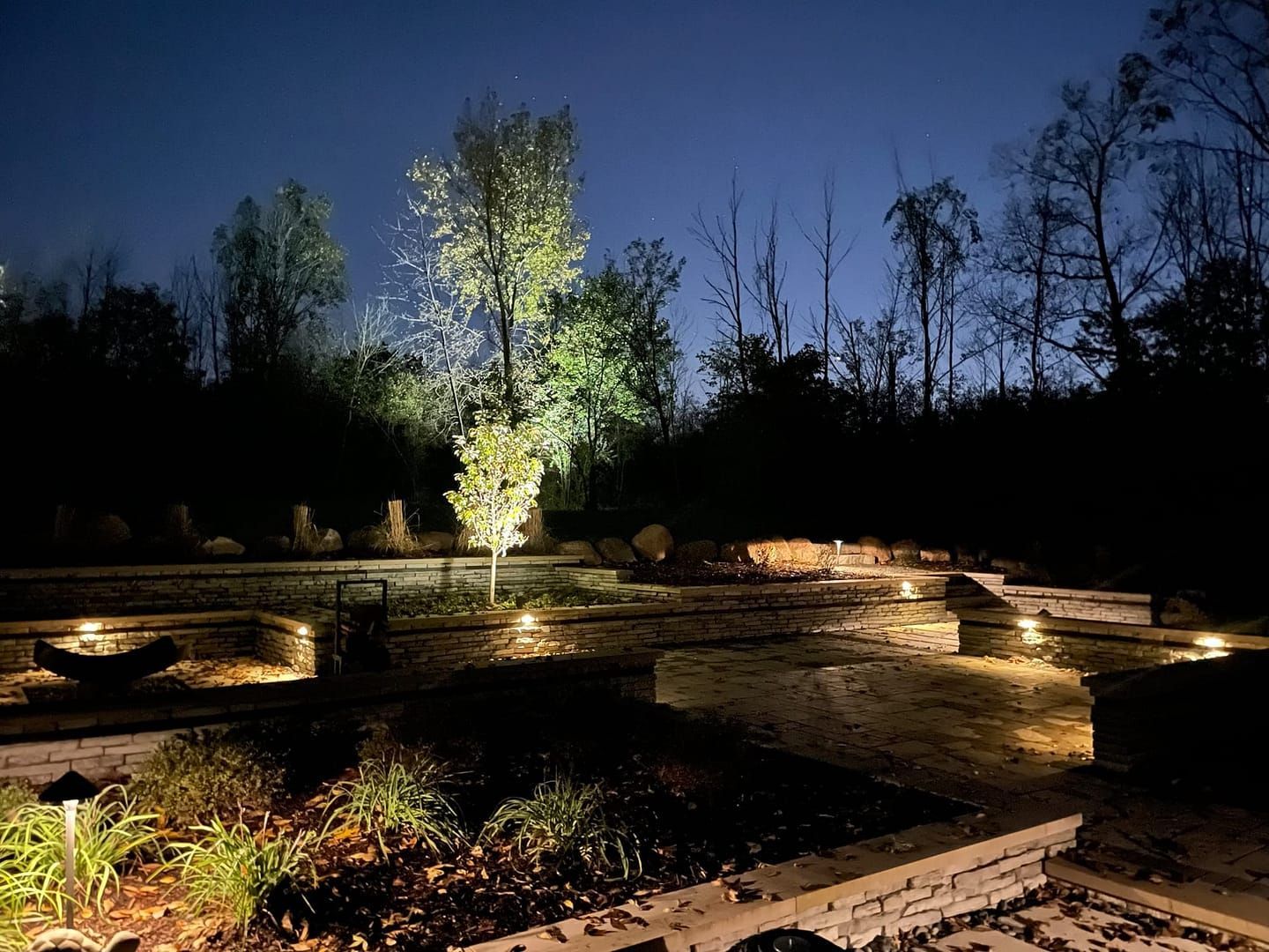 Nighttime outdoor scene with landscape lighting illuminating trees and garden beds.